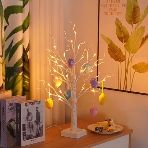 HFHungkeong Osterbaum Licht Oster Tischdekoration, künstliche Mini-Birke, Bonsai-Dekoration, Nachtkamin für Schlafzimmer, wunderschön Batterie oder USB-betrieben (inklusive 8 Ostereier), 60 cm von HFHungkeong