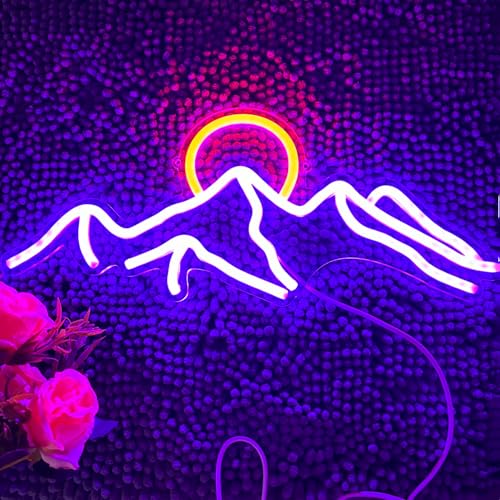 LED Dekorative Neonschild USB Betrieben mit Dimmbare Schalter für Wand Deko, Mountain Neonlicht für Jungen Mädchenzimmer, Wandkunst Sonnenuntergang Lampe Geschenke für Kids (Lila Rot) von HFHungkeong