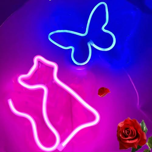 LED Schmetterling Neon Katze Neon Nachtlicht geeignet für Schlafzimmer Studentenwohnung Wohnheim Wanddekoration Hintergrund 3AA-Batterie oder USB-betrieben (blauer Schmetterling + rosa Katze) von HFHungkeong