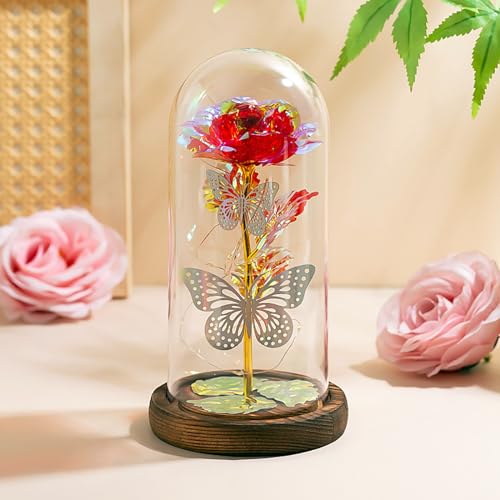 Muttertagsgeschenke für Sie,Galaxy Rosengeschenke für Mama,Ewige Goldfolienrose wit 2 Schmetterlinge in Glaskuppel, Künstliche konservierte Rose als Geburtstagsgeschenk für Mutter (Buntes Goldrot) von HFHungkeong