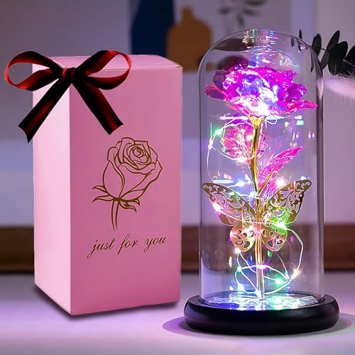 HFHungKeong Rose Flower Gifts for Women, for Mom, Galaxy Rainbow Rose Artificial Flower Glass Glowing Dome Butterfly Rose Birthday Gifts for Women Girlfriend Wife Valentine's Day Anniversary von HFHungKeong