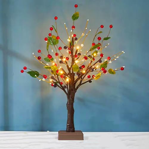 Weihnachtsbaum Tisch Mini Weihnachtsbaum mit LED Lichtern batteriebetrieben Weihnachtsdekoration für den Innenbereich mit roten Beeren und grünen Blättern neuartiges Nachtlicht Partygeschenk 54 cm von HFHungkeong