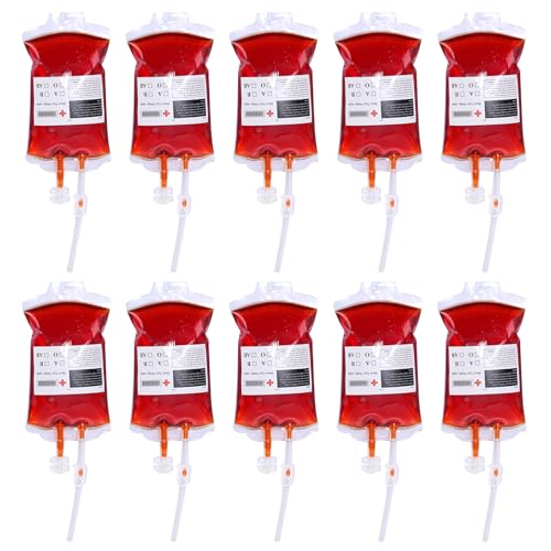 10 Stück Blutbeutel zum Trinken, 350 ml Halloween Trinkgefäß Blutbeutel zum Befüllen, Blutart Aufkleber für Halloween Zombie, Getränkebehälter mit Spritze Clips, für Cosplay Kostüm Requisit Party von HFMYGS