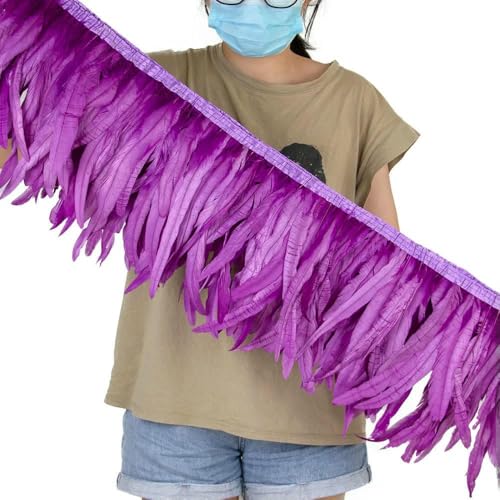 2 Yards bunte Hahnenschwanzfederbesatz auf Band 25–30 cm/10–12 Zoll für Heimwerker, Basteln, Nähen, Karnevalsdekor, Federdekoration, Soßenlila, 1 Yards von HFNCE