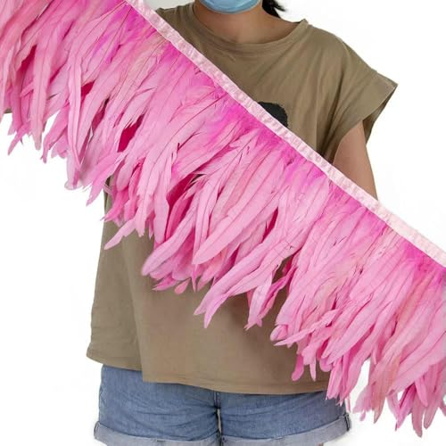 2 Yards bunte Hahnenschwanzfederbesatz auf Band 25–30 cm/10–12 Zoll für Heimwerker, Basteln, Nähen, Karnevalsdekor, Plumas-Dekoration, Dunkelrosa, 2 Yards von HFNCE