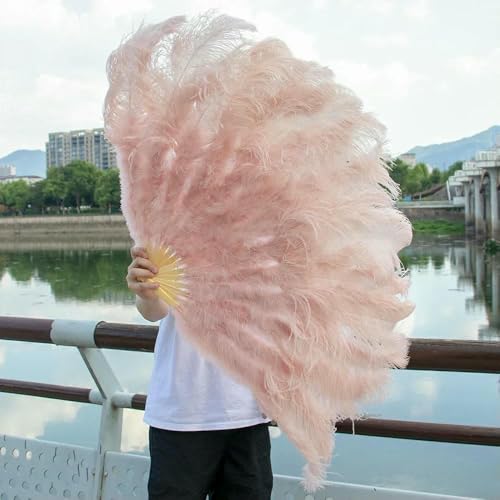 Großer Fächer aus blauen Straußenfedern, 100 cm und 130 cm, Federfächer zum Tanzen, faltbar, für Karneval, Party, Hochzeit, Feier, Bauchtanz-Show, Lederrosa, 1 Stüc von HFNCE