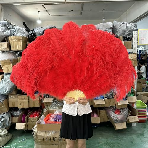 Mehrfarbiger Fächer aus Straußenfedern, für Karneval, Party, Hochzeit, Feier, Bauchtanz, Show, links und rechts, faltbar, Rot, 130 cm links Mehrfarbiger Fächer aus Straußenfedern, für Karneval, Party, Hochzeit, Feier, Bauchtanz, Show, links und rechts, faltbar, Rot, 130 cm links von HFNCE