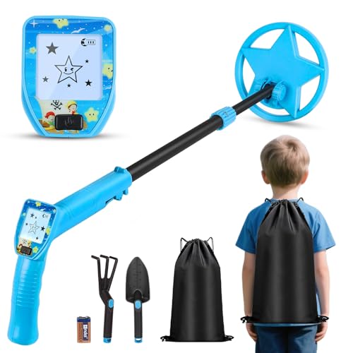 Metalldetektor Kinder, HFRYPShop Metalldetektor mit Cartoon LCD-Display und Wasserdichter Suchspule, Verstellbar 62–85cm, inkl. Schaufel, Rechen und Rucksack für Outdoor Abenteuer von HFRYPShop