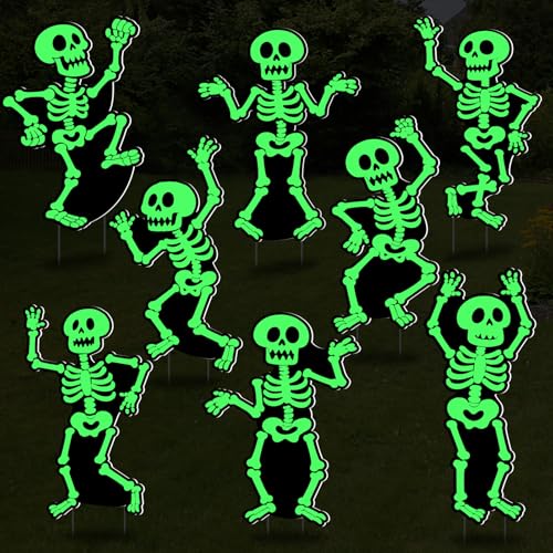 HFYZZ 8 Stück Halloween leuchten im Dunkeln Skelett Hofschilder mit Pfählen fluoreszierendes Skelett Geist Halloween Outdoor Friedhof Dekorationen für Rasen Garten Vorhof Friedhof Dekor von HFYZZ