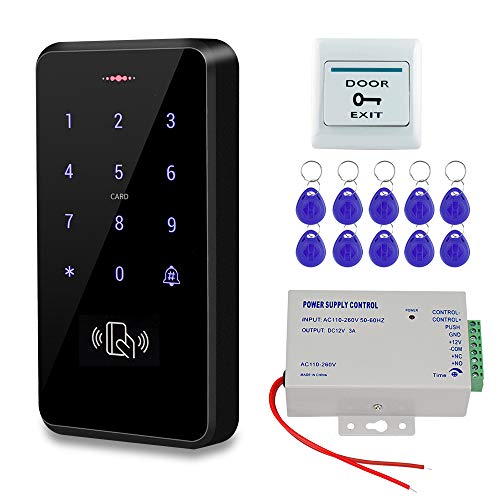 HFeng Kit Set Zugangskontrollsystem Außentüren IP68 Wasserdichter Kartenleser RFID-Tastatur + Netzteil + Türausgangstaste + 10pcs Keyfobs Card (ohne Schloss) von HFeng