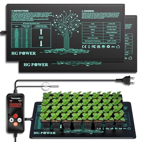 HG Power Heizmatte mit Thermostat - 2 Heizmatten mit 1 Controller, Heizmatte Pflanzen Wärmematte für Zimmergewächshaus, Gewächshaus Heizmatte mit Temperaturregler,2er-Pack 53 cm x 25 cm, 110Watt von HG Power
