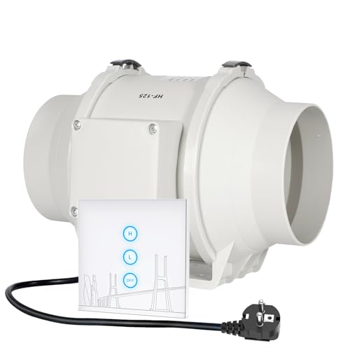 HG Power Regelbarer Rohrventilator 125mm, Abluftventilator Leise 284m³/h Mit kabellosem Controller Rohrlüfter mit EU-Stecker für Küchen Badezimmer Garage Wachstumszelte Hydroponik Keller Belüftung von HG Power