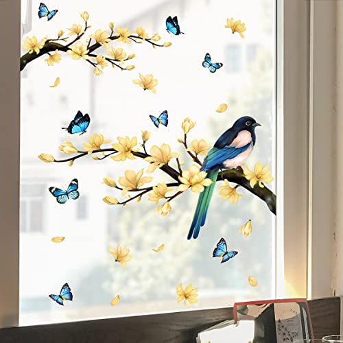 HGDESIGN® Fenster Bild Fensteraufkleber Fenster Sticker Gelb Magnolie Vogel Wohnzimmer Schlafzimmer Fenster Deko Selbstklebend (Variante A) von HGDESIGN