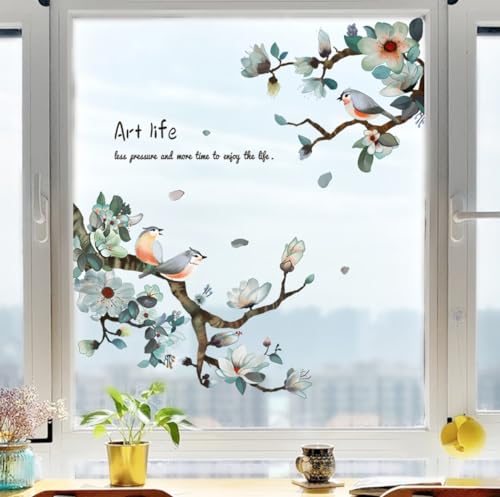 HGDESIGN® Fenster Bild Fensteraufkleber Fenster Sticker Gelb Magnolie Vogel Wohnzimmer Schlafzimmer Fenster Deko Selbstklebend (Variante B) von HGDESIGN