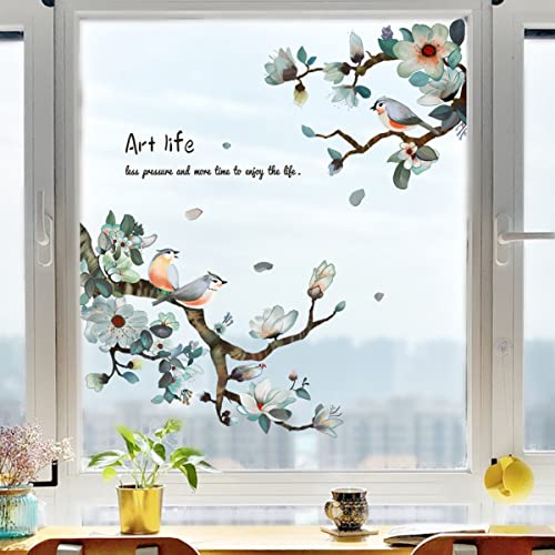 HGDESIGN® Fenster Bild Fensteraufkleber Fenster Sticker Magnolie Blüten Vogel Wohnzimmer Schlafzimmer Fenster Deko Selbstklebend (Variante 1) von HGDESIGN