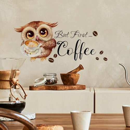 HGDESIGN® Wandtattoo Wandaufkleber Kaffee Zeit But First Coffee Eule Cappuccino Wandsticker Wanddeko für Küche Esszimmer (B) von HGDESIGN