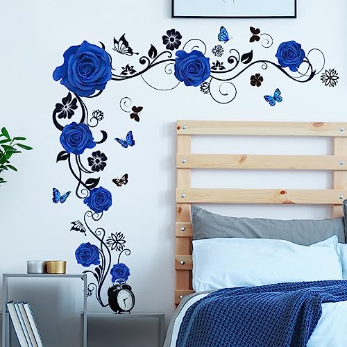 HGDESIGN® Wandtattoo Wandaufkleber Rot Rosen Blumenranke Wohnzimmer Schlafzimmer Wandsticker Wandbild Wanddeko Selbstklebend (Blau) von HGDESIGN