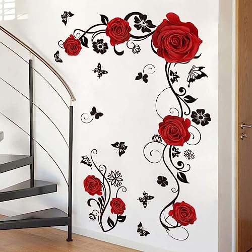 HGDESIGN® Wandtattoo Wandaufkleber Rot Rosen Blumenranke Wohnzimmer Schlafzimmer Wandsticker Wandbild Wanddeko Selbstklebend (Rot) von HGDESIGN