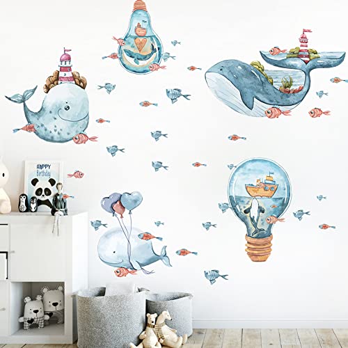 HGDESIGN® Wandtattoo Wandaufkleber Wal Unterwasserwelt Fisch Glühbirne Leucht Leuchtturm Kinderzimmer Babyzimmer Kind Baby Junge Mädchen Wandsticker Wanddeko Selbstklebend von HGDESIGN