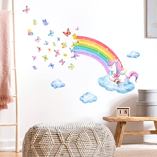 HGDESIGN® Wandtattoo Wandaufkleber Wandsticker Große Regenbogen Einhorn Schmetterling Wolke Kinderzimmer Babyzimmer Kind Baby Mädchen Wandsticker Wandbild Wanddeko Selbstklebend (Variante B) von HGDESIGN