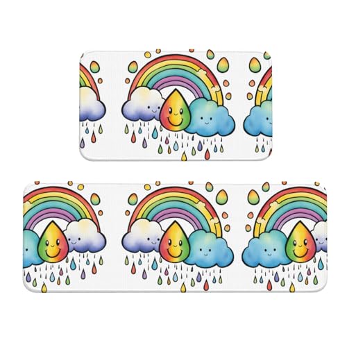 Küchenteppich, Motiv: Regenbogenwolken, Weihnachtsmotiv, rutschfest, für Waschbecken, Waschküche, 2 Stück Küchenteppich, Motiv: Regenbogenwolken, Weihnachtsmotiv, rutschfest, für Waschbecken, Waschküche, 2 Stück von HGFVY