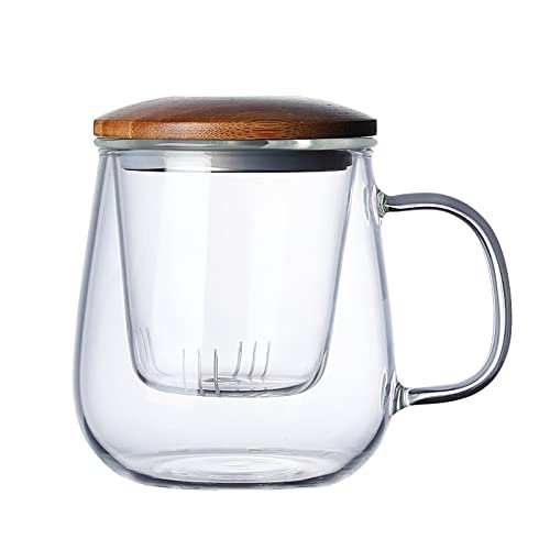 Hitzebeständige Teetasse mit klarem Siebgriff und Bambusdeckel, Tasse mit Sieb und Deckel, 425 ml, mit abnehmbarem Teesieb und Bambusdeckel von HGIFTHOMEH