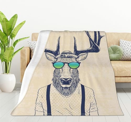 HGOD DESIGNS Hirschdecke, Hirsch, verkleidet wie cool, Hipster, Überwurf, Geschenke, Flanell, weich, warm, gemütlich, flauschig, 100 x 130 cm, Überwurfdecke für Mädchen, Frauen, Männer und Jungen von HGOD DESIGNS