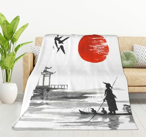 HGOD DESIGNS Japanische traditionelle japanische Malerei, Mann mit Boot, Fleece-Überwurf, Decke, ultraweich, gemütlich, blühend, dekorative Flanelldecke, für Zuhause, Couch, Bett, Stuhl, Reisen, 100 x von HGOD DESIGNS