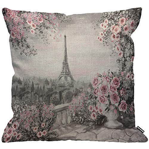 HGOD DESIGNS Kissenbezug, Ölgemälde, Paris, Eiffelturm, Blume, Rose, Rosa, Grau, Dekokissen, Heimdekoration, für Herren/Damen, Wohnzimmer, Schlafzimmer, Sofa, Stuhl, 45 x 45 cm von HGOD DESIGNS