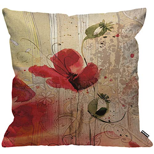 HGOD DESIGNS Kissenbezug Blume Rot Mohn Blume Beige Blumig Kissenhülle Haus Dekorativ Für Männer/Frauen/Jungen/Mädchen Wohnzimmer Schlafzimmer Sofa Stuhl Kissenbezüge 45X45cm von HGOD DESIGNS