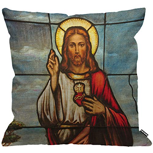 HGOD DESIGNS Kissenbezug Jesus Gebeizt Glas Fenster Darstellung Heilig Herz Von Jesus Kissenhülle Haus Dekorativ Für Männer/Frauen/Jungen/Mädchen Wohnzimmer Schlafzimmer Stuhl Kissenbezüge 45X45cm von HGOD DESIGNS