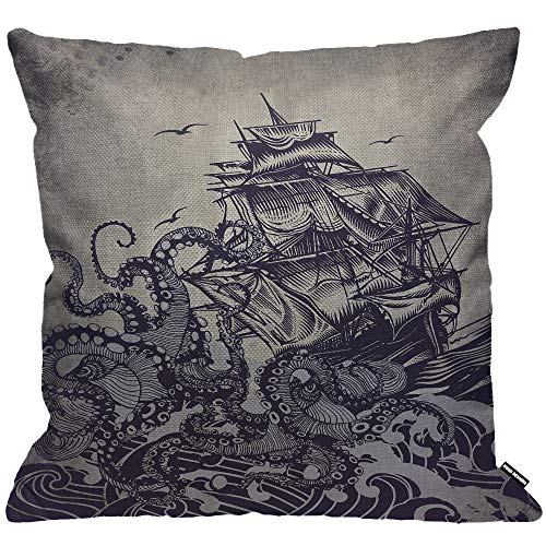 HGOD DESIGNS Kissenbezug Kraken Segeln Boot Wellen Und Oktopus Alt Schau Kissenhülle Haus Dekorativ Für Männer/Frauen/Jungen/Mädchen Wohnzimmer Schlafzimmer Sofa Stuhl Kissenbezüge 45X45cm von HGOD DESIGNS