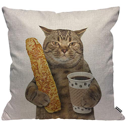 HGOD DESIGNS Kissenbezug Lustig Katze Cat Die Katze Ist Halten A Cup Von Schwarz Kaffee Und A Baguette Kissenhülle Haus Dekorativ Für Jungen/Mädchen Wohnzimmer Schlafzimmer Sofa Kissenbezüge 45X45cm von HGOD DESIGNS