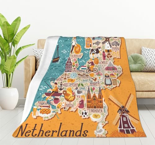 HGOD DESIGNS Map of Netherlands Blanket Dutch Landmarks Holland Food Windmill Blue Yellow Throw Blanket Decor Cozy Warm for Home Bedroom Sofa Office 100x130cm von HGOD DESIGNS