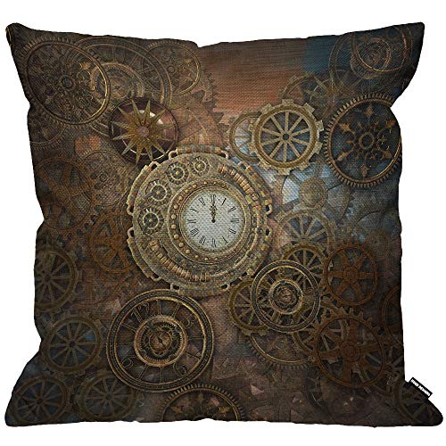 HGOD DESIGNS Steampunk-Kissenbezug, rostiger Steampunk-Kissenbezug mit Uhr und verschiedenen Zahnrädern, Metallmaschine, goldfarben, bronzefarben, für Wohnzimmer, Schlafzimmer, Sofa, Stuhl, 45 x 45 cm von HGOD DESIGNS