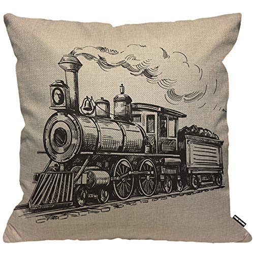 HGOD DESIGNS Zugkissenbezug, Vintage-Zug in Country, Lokomotive, Holzwagen, Schienenbahn, Straße, mit rauchfarbenem Überwurf, Kissenbezug, Heimdekoration, Wohnzimmer, Schlafzimmer, Sofa, 45 x 45 cm von HGOD DESIGNS