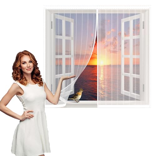 HGPFCB Magnet Fliegengitter Fenster, Insektenschutz Fenstervorhang, Klebmontage ohne Bohren, Weiß-90×125cm(35×49inch) von HGPFCB
