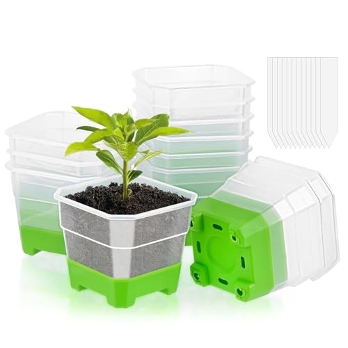 HGRGHH 12 Stück Anzuchttöpfe mit Silikonsockel, Pflanztöpfe Transparent mit 12 Steckettiketten, Wiederverwendbar Blumentöpfe Plastik für Den Pflanzenanbau, Blumen Gemüse von HGRGHH