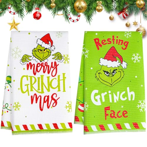 HGRGHH Weihnachten Küchentücher, 2PCS Lustigen Urlaub Geschirrtücher 60x40cm, Grin-ch Bad Handtücher Geschirrtuch Weihnachten für Tischdeko Weihnachten, Home Decorations, Cute Xmas Geschenke (B) von HGRGHH