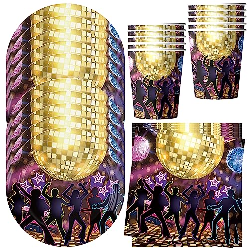 HGSHUO Partygeschirr Disco Party Geschirr Discokugel Becher Pappteller Servietten 70er 80er 90er Dekoration Geburtstag Partygeschirr Kindergeburtstag Retro Disco Hip Hop Themenparty von HGSHUO