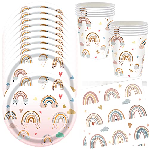 HGSHUO Regenbogen Partygeschirr Kindergeburtstag Deko Boho Geburtstag Party Geschirr Pappteller Becher Servietten Partygeschirr Geburtstagsparty Hochzeit Babyparty Tischdeko Set 10 Persone von HGSHUO