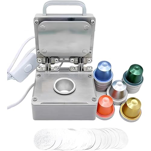 DIY Tragbare Kaffee-Aluminiumfolien-Verschließmaschine, mit 100 Mischfarbigen Kapsel-Aluminiumschalen und Folien, Effizientes Verschließen und Versiegeln – Ideal für Zuhause oder(White) von HGSTM