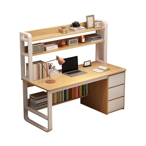 Computer Desk, Study Writing Table with Three Drawers Integrated Desk and Bookshelf Office Desk Workstation for Bedroom Study and Other Scenes Metal Frame Oak Color 120 * 50cm von HGTRH