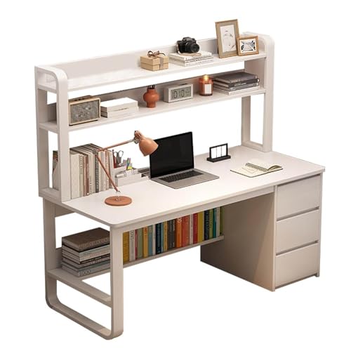 Computer Desk, Study Writing Table with Three Drawers Integrated Desk and Bookshelf Office Desk Workstation for Bedroom Study and Other Scenes Metal Frame warm White 100 * 50cm von HGTRH
