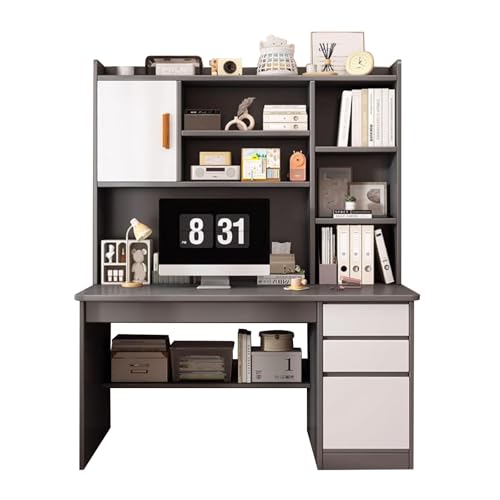 Gaming Desk with Bookshelf and Hutch, Modern Home Office Desk with Drawers Computer Desk PC Laptop Desk Work Table Computer Workstation for Living Room Bedroom Space Saving E 120CM von HGTRH