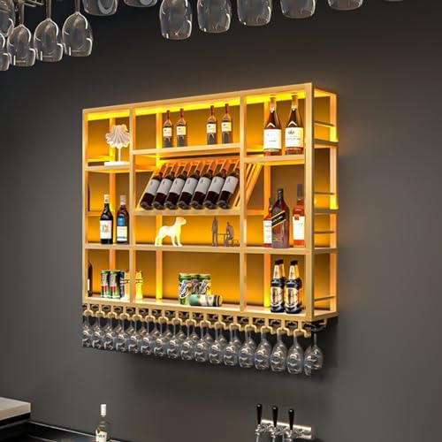 Weinregal Metall Wandmontage, Flaschenregal Wand, Weinflaschenhalter Metall Wand mit Stemware AufhäNger, für Halter Home Kitchen Bar Decor mit Led-Licht von HGTRH
