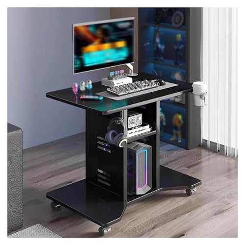 Writting Table, Computer Desk with Double-Layer Storage Rack Metal Side Panel Study Table 360° Universal Wheel Small Footprint for Bedroom Living Room Office Home Black von HGTRH
