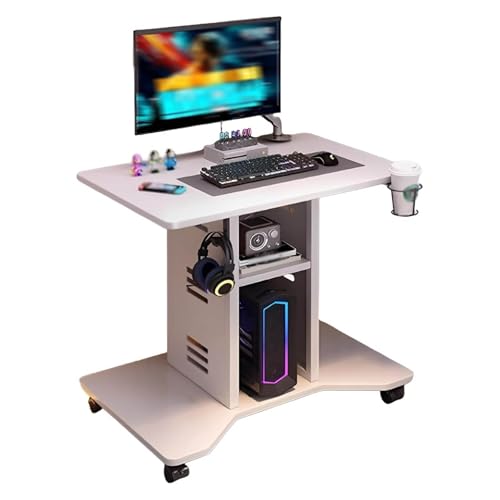 Writting Table, Computer Desk with Double-Layer Storage Rack Metal Side Panel Study Table 360° Universal Wheel Small Footprint for Bedroom Living Room Office Home White von HGTRH