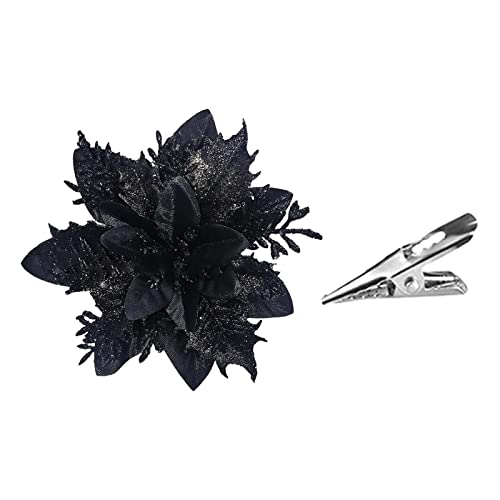 HGUIM 12 Stück glitzernde schwarze Weihnachtssterne 14 cm künstliche Weihnachtssterne Weihnachtsblumen mit Clips Weihnachtsbaum Blumen Ornament für Weihnachten Urlaub und Party Dekoration von HGUIM