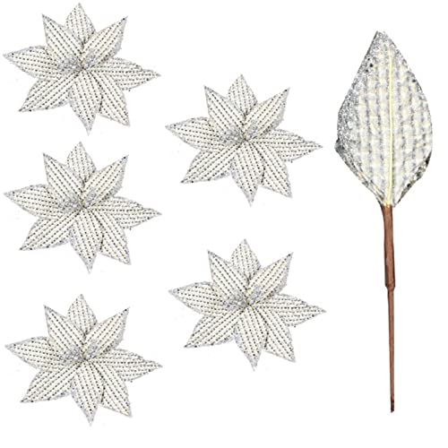 HGUIM 6 Stück Weihnachtssterne mit Glitzer, 25 cm, künstliche Silber-Weihnachtsstern-Blume mit Stielen, Weihnachtsstern, Baumdekoration für Weihnachten, Neujahr, Hochzeit, Heimdekoration von HGUIM